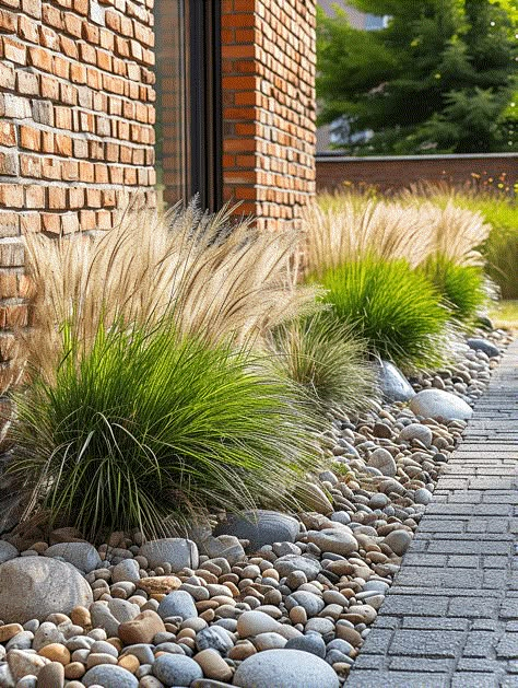 River Stone Garden Ideas, Grasses And Rocks Landscaping, Rock And Grasses Landscaping, Tall Grass Around Pool, Garden River Rocks Ideas, Grasses Garden Landscaping, Landscape With Grasses And Rock, Ornamental Grass Front Yard, Garden With River Rocks