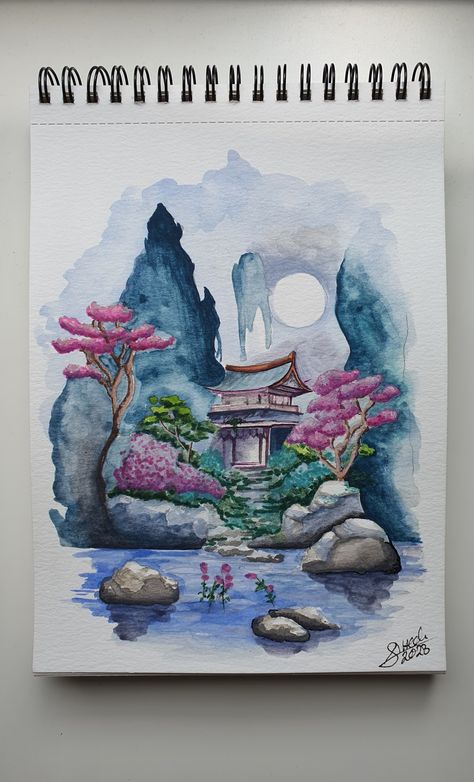 Asian art, japanese art, watercolor, painting, drawing, watercolor painting, landscape Japan Aesthetic Drawing Easy, Korean Landscape Drawing, Painting Ideas Japan, Japan Aesthetic Painting, Japan Landscape Painting, Japan Painting Acrylic, Japanese Painting Easy, Japan Watercolor Painting, Watercolor Japanese Art