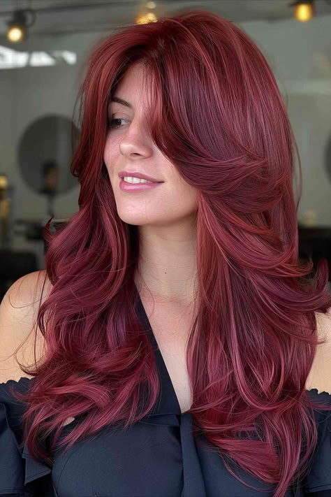 Intense cherry red hair with feathered layers, adding bold volume and flair. Intense Red Hair Color, Red Hair With Layers, Dye Red Hair, Hair Ideas Red, Hair Dye Red, Red Hair Character, Red Hair Streaks, Hair Color Ideas Red, Red Hair With Blonde