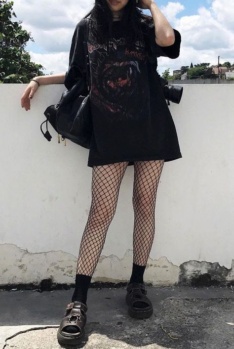 Oversized black graphic tee with fishnet leggings & Dr Martens shoes by everlastingpure - #fashion #grunge #alternative 00s Mode, Fishnet Leggings, Look Grunge, E Girl Outfits, Hipster Grunge, Aesthetic Grunge Outfit, Legging Outfits, Black Outfits, Grunge Look