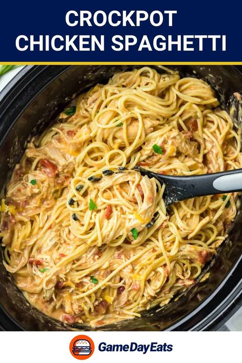 Indulge in the ultimate comfort food with Crockpot Chicken Spaghetti! Creamy, cheesy, and bursting with flavor, it's made with tender chicken, Colby jack cheese, sour cream, Rotel tomatoes, and Southwestern seasoning. Let your slow cooker do the work while you savor every delicious bite of this hearty meal. Perfect for busy weeknights or game day gatherings, it's sure to become a favorite! Get the easy recipe and find out how to make the best chicken spaghetti with Rotel in a crock pot. Chicken Crockpot Recipes Tailgate, Crock Pot Chicken Tender Recipes, Rotel Crockpot Chicken, Southwestern Seasoning, Spaghetti Ideas, Best Chicken Spaghetti, Chicken Spaghetti With Rotel, Spaghetti With Rotel, Easy Chicken Spaghetti Recipe