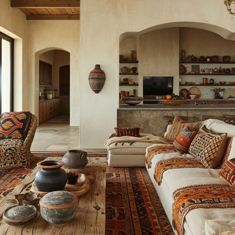 Taos Interior Design, Colombian Interior Design Home, Guatemalan Interior Design, Pueblo House Interior, Andalucia Interior Design, Arizona Interior Design Ideas, Artisan Interior Design, Santa Fe Homes Interiors, Adobe Home Decor