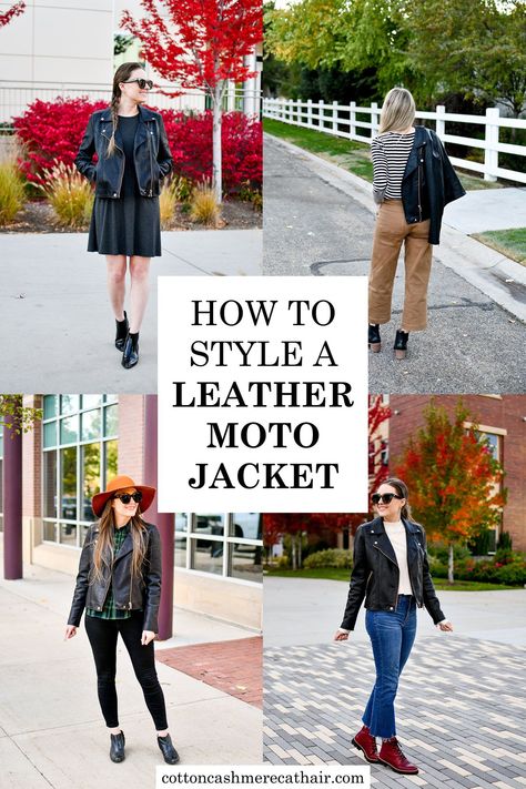 How to style a leather moto jacket | 14 leather moto jacket outfit ideas | Blank NYC Life Changer faux leather moto jacket | casual fall outfit ideas | transitional outfits | Cotton Cashmere Cat Hair Casual Faux Leather Jacket, Knit Moto Jacket Outfit, Black Moto Jacket Outfit Dressy, Plus Size Moto Jacket Outfit, Moto Jacket Outfit 2023, Moto Jacket Outfit Women, Moto Jacket Outfit Black Women, Moto Jacket Outfit Dressy, Black Moto Jacket Outfit