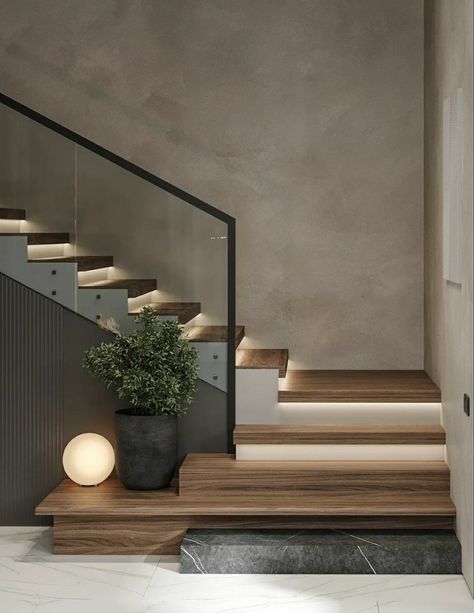 Stairs Design For Small Space, Two Toned Stairs, Stair Cases Modern, Inside Stairs Ideas Modern, Steps Inside House Ideas, Modern Basement Stairs, Japandi Style Flooring, Wood And Marble Stairs, Floating Stairs Modern Staircase Design