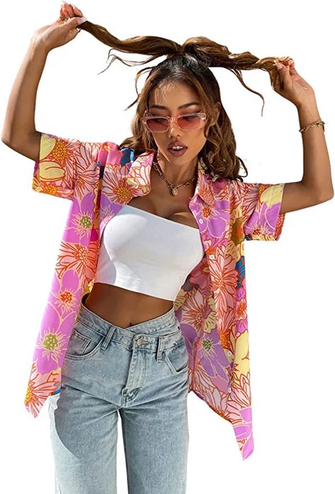 SweatyRocks Women's Short Sleeve Cute Print Button Down Shirt Tops at Amazon Women’s Clothing store Aloha Shirt Outfit Women, Tropical Shirt Outfit Women, Short Sleeve Button Up Outfit Women, Hawaiian Cowgirl, Hawaiian Outfit Ideas, Hawaiian Outfit Women, Hawaiian Shirt Outfit, Hawaiian Outfit, Floral Tunic