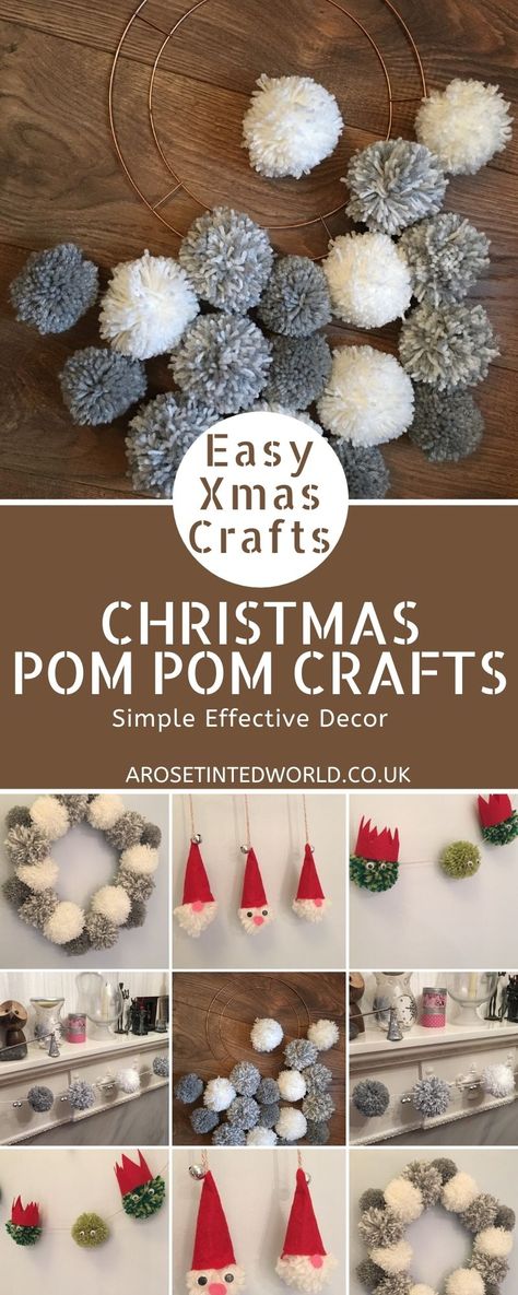 Christmas Pompoms Decorations, Christmas Wool Decoration, Pom Pom Xmas Decorations, Pompom Ornaments Christmas Tree, Pompom Wreath Christmas How To Make, Diy Wool Christmas Decor, Yarn Xmas Decorations, Pom Pom Christmas Craft, Diy Pom Pom Christmas Decorations