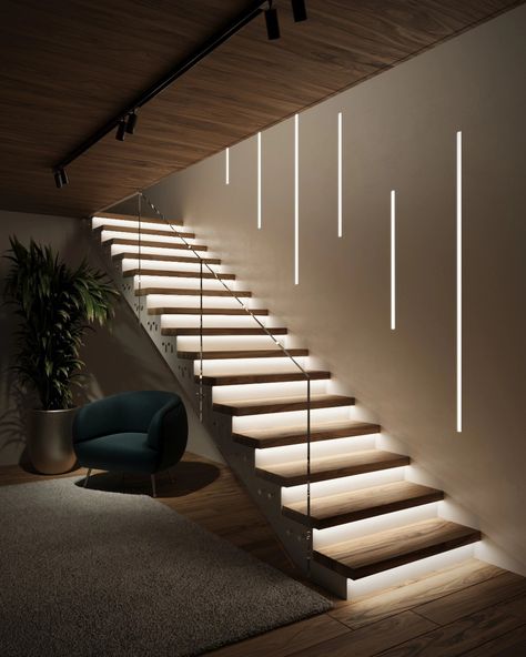 Staircase Lighting Ideas, Staircase Design Modern, Stairs Design Interior, House Staircase, Stairway Design, Stairs Design Modern, Floating Stairs, Stair Case, Home Stairs Design