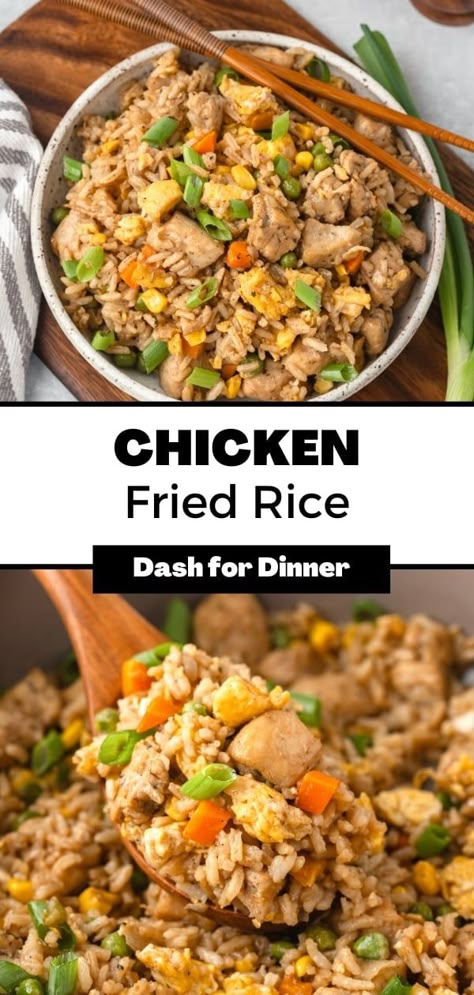 When it comes to easy dinner recipes, it doesn't get any easier than this chicken fried rice! Made with simple ingredients and leftovers (rice and chicken), this skillet recipe is a weeknight dinner staple! Inspired by Benihana, this chicken fried rice features a special ingredient. You'll never guess what it is! Fried Rice Dinner Recipes, Rice And Chicken Skillet Dinners, Quick Chicken Fried Rice, Fried Rice With Chicken Recipes, Benihana Chicken Fried Rice, How Do You Make Fried Rice, Low Calorie Chicken Fried Rice, Chicken Rice Stir Fry Recipes, Simple Egg Fried Rice Recipe