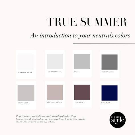 The True Summer Palette Guide for 2023 | Curate Your Style Curate Your Style True Summer, True Summer Dark Colors, True Summer Inspiration, Cool Summer Neutrals, Curate Your Style, True Summer Color Palette Clothes, True Summer Neutrals, True Summer Capsule Wardrobe, True Summer Color Palette Outfits