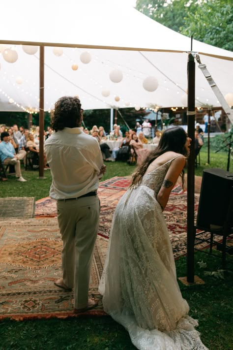 backyard wedding with a sail cloth tent Rug Dance Floor Wedding, Rug Dance Floor, Dance Floor Outdoor, Sail Cloth Tent, Wedding Dance Floor, Floor Outdoor, Sail Cloth, Dance Floor Wedding, Wedding Dance