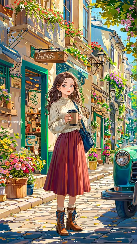 Relaxing Aesthetic, Chic Artwork, Cute Wallpapers For Android, Artwork Flowers, Coffee In Hand, Viral Aesthetic, Street Coffee, Disney Character Drawing, Aesthetic Illustration