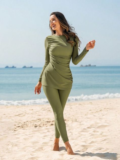 SHEIN Swim Mulvari Ladies' Solid Color Pleated Top With Long Bikini Set | SHEIN USA Kaftan Moroccan Caftan, Modest Swimsuits For Women, Modern Kaftan, Islamic Swimwear, Burkini Swimsuit, Swim Dress Modest, Family Swimwear, Wool Base Layer, Swim Leggings