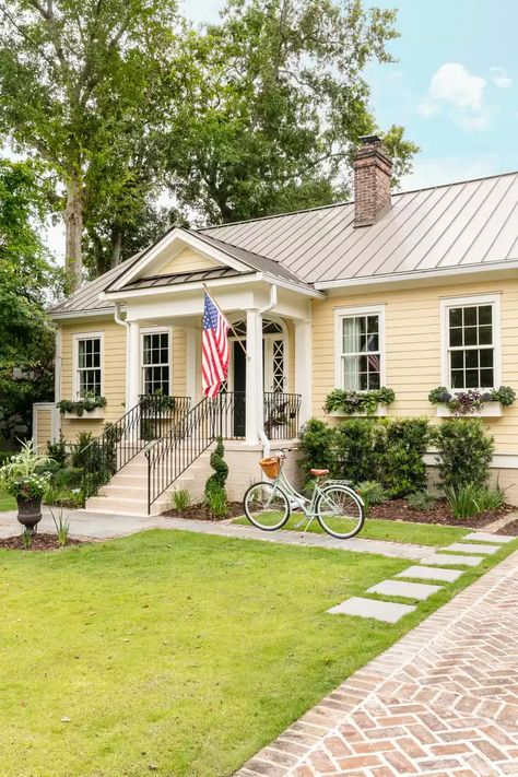 8 Butter Yellow Paint Colors Recommended by Designers Butter Yellow Paint, Yellow Exterior House Colors, East Coast Homes, Luxury Home Aesthetic, Victorian Entryway, Yellow House Exterior, Front Door Exterior, Coastal Houses, Serene Aesthetic