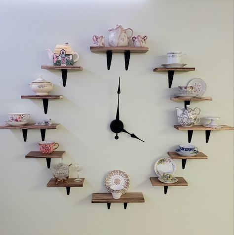 Teacup Shelf Display, Hanging Tea Cups Decor, Hanging Teacups, Tea Set Collection Display, Tea Pot Display, Teacup And Saucer Display, Teapot Shelf Display, Display Teacups, Tea Set Storage Ideas