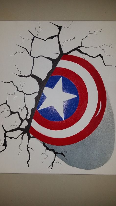 Cool Marvel Paintings, Captain America Shield Painting, Marvel Pop Art Painting, Marvel Wall Painting Ideas, Captain America Painting Easy, Avengers Acrylic Painting, Avengers Painting Ideas On Canvas, Marvel Parking Spot Painting, Marvel Wall Painting