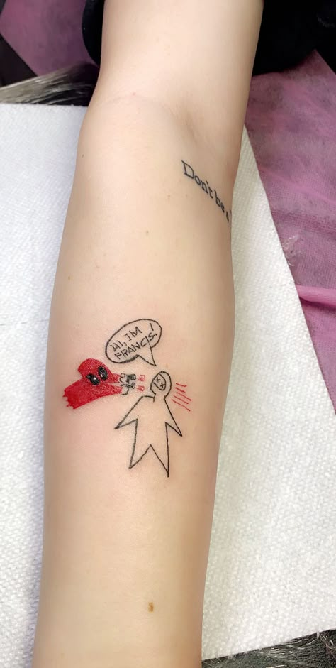 Deadpool tattoo “hi, i’m francis!” Cool Marvel Tattoos, Small Deadpool Tattoo, Deadpool And Wolverine Tattoo, Deadpool Francis, Tattoo Ideas Movies, Small Marvel Tattoo, Small Marvel Tattoo Ideas, Movies Tattoo Ideas, Deadpool Tattoo Ideas