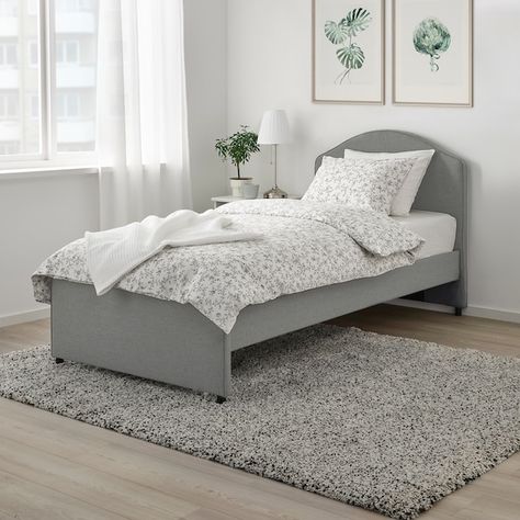 HAUGA Upholstered bed frame - Vissle grey - IKEA Grey Bed Styling, Barn Doors For Closet, Bedding Duvet Sets, Bedroom Ikea, Laminated Veneer Lumber, Bedroom Frames, Grey Bed, Modern Platform Bed, Single Bed Frame