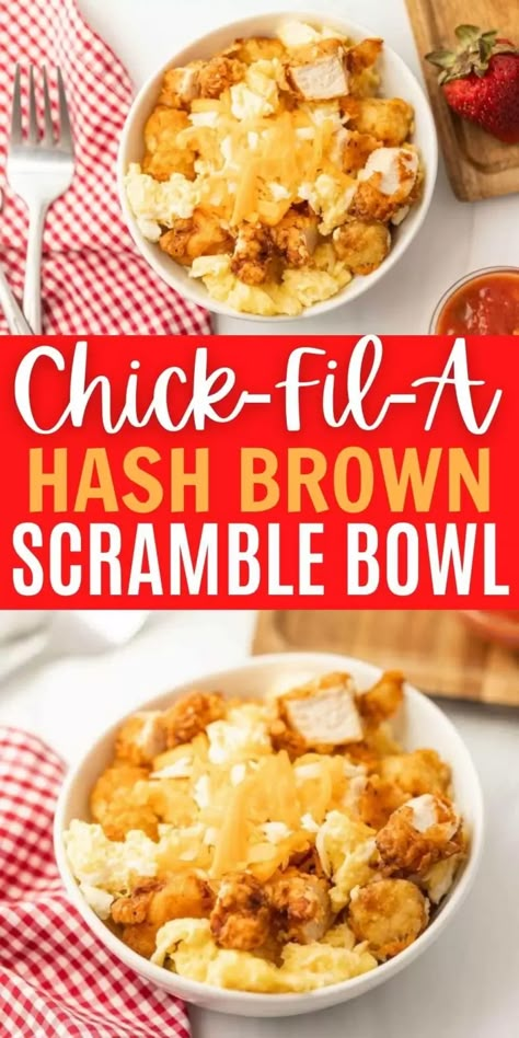 This breakfast bowl is packed full of delicious Chick-fil-a nuggets, hash browns, scrambled eggs and topped with cheese to make a delicious breakfast that the entire family will love. Learn how to make this breakfast bowl at home with this super easy recipe. #eatingonadime #breakfastrecipes #chickfilarecipes #copycatrecipes Breakfast Bowls Hashbrowns, Breakfast Bowl Ideas Healthy, Hashbrown Bowl Recipe, Easy Breakfast Bowl Ideas, Homemade Breakfast Bowls, Healthy Break Fast Recipes, Diy Breakfast Bowls Easy Recipes, Breakfast Bowls With Hashbrowns, Egg White Breakfast Bowl