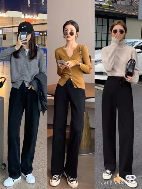 Black Cullotes Outfits Korean, Outfit With Slacks Women, Slacks Sneakers Outfit, Black Trousers Outfit Casual Korean, Black Trousers Outfit Korean, Korean Slacks Outfit, Outfits With Slacks Women, Medical School Outfit, Black Cullotes Outfits