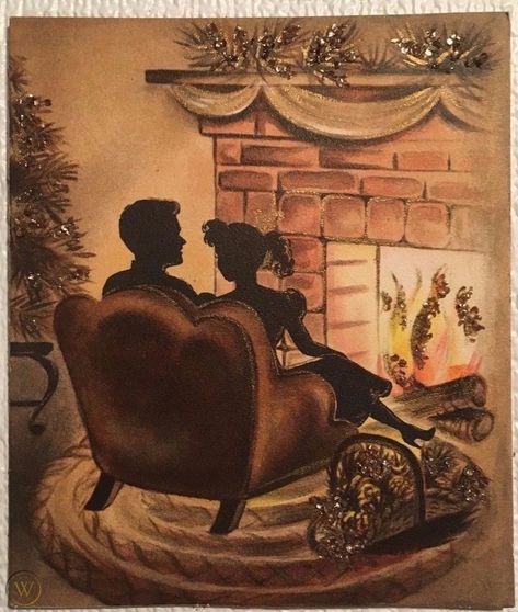 VTG MC COUPLE IN FRONT OF FIRE PLACE GOLD GLITTER HALLMARK CHRISTMAS CARD | #1888495967 Couple In Front Of Fireplace, Christmas Couple Painting, Christmas Cards Couple, Vintage Christmas Couple, Scene Couple, Couple Christmas Card, Xmas Drawing, Xmas Couple, Drawing Help