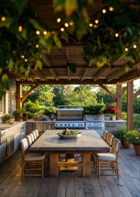 Covered Deck Bbq Area, Backyard Hosting Space, Outdoor Patio Ideas Party, Bbq Under Pergola, Outdoor Living Ideas Backyard, Minimal Outdoor Kitchen, Cozy Outdoor Spaces Covered Patios, Outdoor Hot Tub Landscaping, Eating Area Outside