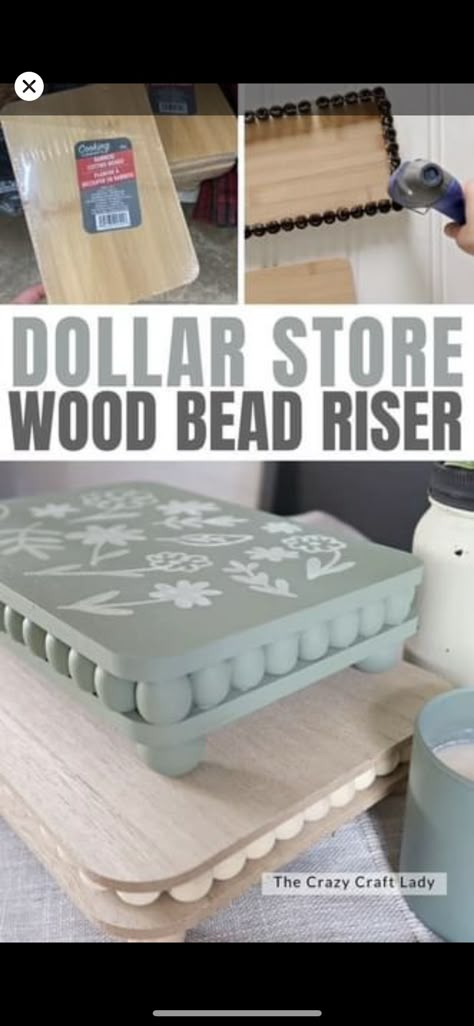 Wood Stuff To Sell, Diy Crafts Using Wooden Beads, How To Use Risers In Decor, Crafts Wood Ideas, How To Decorate With Risers, Wood And Beads Crafts, Diy Dollar Tree Riser, Dollar Tree Stencil Crafts, Diy Trays Dollar Store