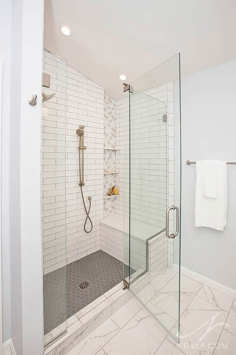 Standard Size Walk In Shower, Mcm Bathroom, Tile Walk In Shower, Master Bath Shower, Full Bathroom Remodel, Bathroom Shower Walls, New House Bathroom, Walk In Showers, Bathroom Redesign