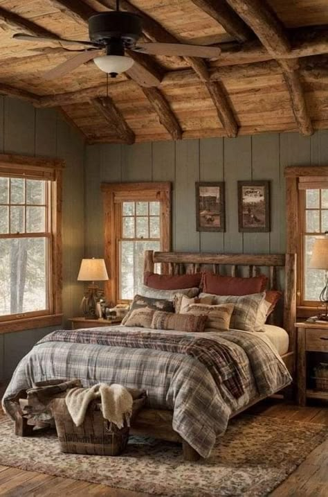 Painting Log Cabin Walls White, Lodge Cabin Bedroom, Cabin Lodge Aesthetic, Cozy Cabin Ideas Rustic, Cabin Style House Interiors, Mountain Cabin Renovation, Cabin Core Aesthetic Bedroom, Cozy Cabin Bedding, Log Cabin Room Ideas Bedrooms