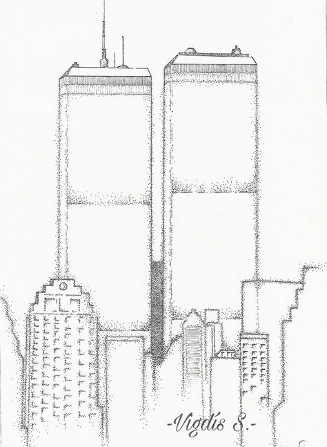 1998. Twin Towers, New York. Disegno a mano libera. -V.S.- Twin Towers Drawing, Twin Towers New York, Veterans Day Art, Skyline Tattoo, Media Tower, Drawings To Try, History Project, Nyc Skyline, Construction Drawings