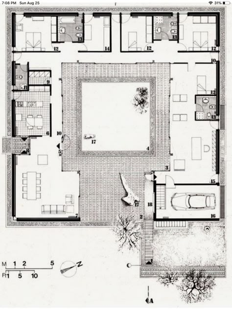 U Shaped Houses, Atrium House, Courtyard House Plans, Architectural Floor Plans, Home Design Floor Plans, Casas Coloniales, House Layout Plans, Village House Design, Courtyard House