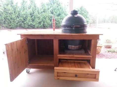 Custom Made Tank Collection Big Green Egg Table Built In Bbq On Deck, Bbq Table Ideas, Bbq On Deck, Garden Hut Ideas, Grill Table Ideas, Kamado Joe Table, Egg Outdoor Kitchen, Green Egg Outdoor Kitchen, Kamado Grill Table