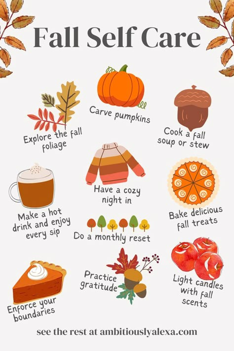 fall self care Autumn Self Care Challenge, October Self Care Ideas, Fall Self Care Challenge, Self Care Autumn, Autumn Activities For Adults, Autumn Self Care Aesthetic, Fall Self Care Ideas, Fall Self Care Aesthetic, Fall Glow Up