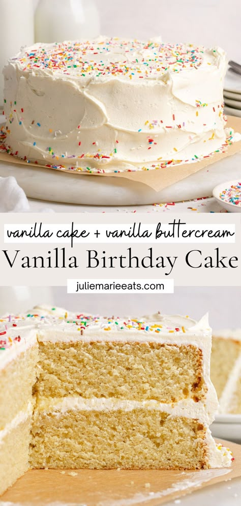 The best soft and moist Classic Vanilla Birthday Cake! These easy and delicious layers of moist vanilla cake are sandwiched together with smooth vanilla buttercream frosting! Easy Vanilla Cake Recipe From Scratch, Homemade Cake Mix Recipes, Vanilla Cake Recipe Moist, Best Homemade Cake, Vanilla Birthday Cake Recipe, Cake Mix Ideas, Holiday Dessert Ideas, Easter Dessert Ideas, Dessert Recipes For A Crowd