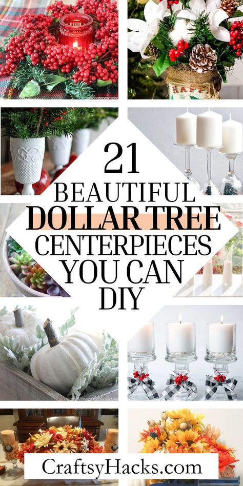 With these dollar tree crafts, you can create a beautiful centerpiece for weddings or for home. Whether you are looking for DIY home decor projects, or want wedding decorations on a budget, you will love these cheap and easy crafts. Kitchen Decor Items Diy, Budget Fall Centerpieces, Diy Home Centerpieces, Home Made Christmas Table Decorations, Dollar Tree Wedding Table Decor, Simple Dollar Tree Centerpieces, Free Centerpieces Diy, Diy Birthday Table Decorations Simple, Upscale Dollar Tree Diy