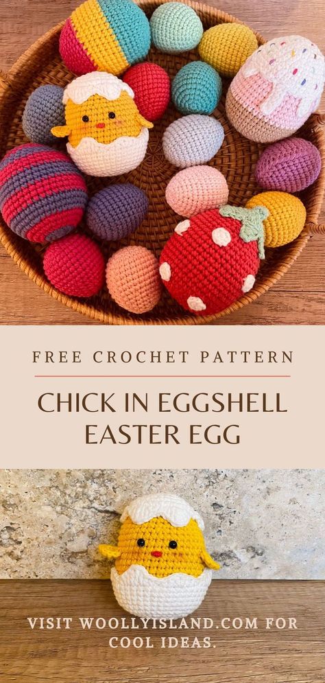 The Chick In Eggshell is the main character of my Easter Eggs Collection. It features a cute little chick hiding inside his eggshell. This pattern is more difficult than the normal easter egg pattern. If you are a beginner and want to start with something simple but equally fun. Please go check out my Small Easter Egg Crochet Pattern and Striped Easter Egg Crochet Pattern. So let’s get started~ Please check out www.woollyisland.com for interesting contents ~ Crochet Chicks In Eggs, Chick In Egg Crochet Pattern, Amigurumi Easter Eggs, Crochet Egg Pattern, Easter Egg Crochet, Egg Crochet Pattern, Egg Crochet, Spring Crochet, Egg Pattern