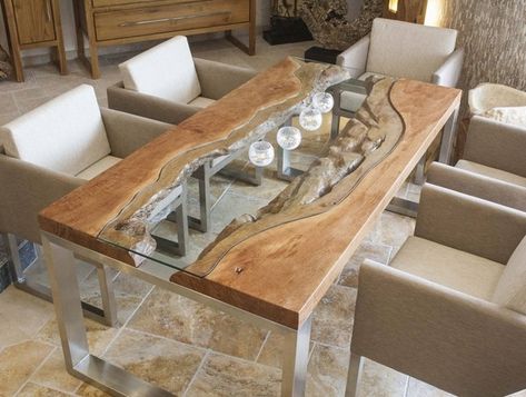 Wood slab dining table designs in rustic and modern interiors Wood Slab Dining Table, Wood Dining Table Rustic, Handmade Wood Furniture, Dining Room Furniture Modern, Wood Dining Room, Metal Furniture Design, Rustic Dining Room, Beautiful Dining Rooms, Dining Table Design