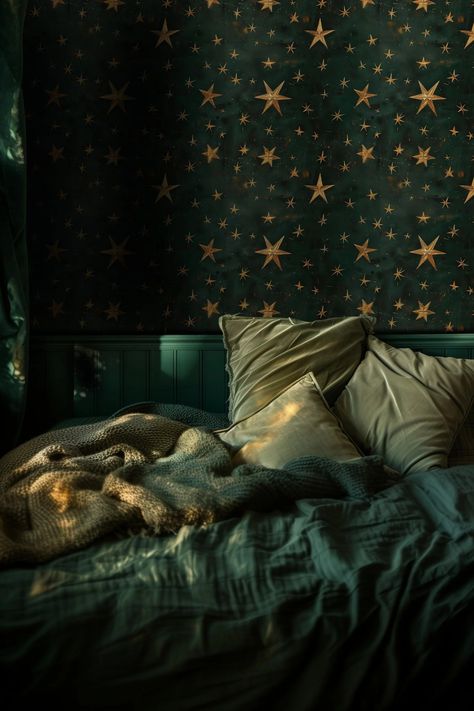 Lennox Wallpaper – Painted Paper Dark Green And Gold Wallpaper, Deep Green Background, Celestial Room, Star Bedroom, Moody Wallpaper, Wallpaper Ceiling, All Wallpaper, Gold Bedroom, Bold Wallpaper