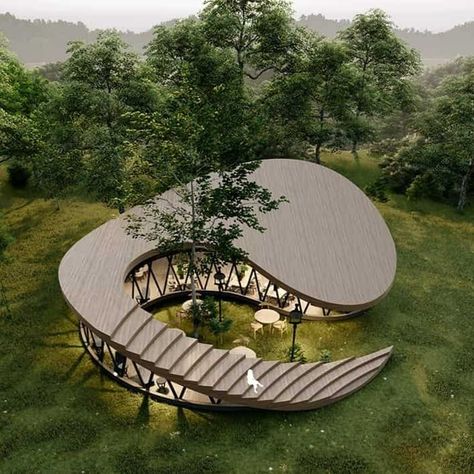 Architecture In The Woods, Architecture Around Trees, Modern Architecture Model, Cafe Forest Design, Eco Friendly Architecture Design, Eco Park Design, Monospace Design, Biophyllic Architecture, Biophilic Architecture Concept