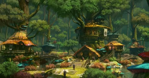 ArtStation - Fantasy Forest Secret Village Rpg City, Village Drawing, Forest Village, Fantasy Village, Fantasy Town, Secret Forest, Forest City, Fantasy Background, Fantasy Forest