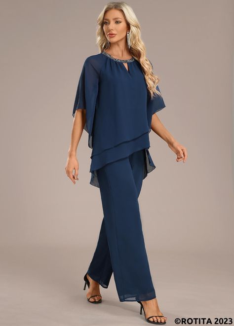 ROTITA Layered Navy Long Round Neck Jumpsuit | Rotita.com - USD $32.98 Womens Formal Pantsuits, Mother Of The Groom Pants Outfits, Chic Jumpsuit Outfit, Wedding Guest Pants, Jumpsuits For Women Classy, Classy Jumpsuit Outfits, Fashion Jumpsuits, Classy Jumpsuit, Trousers Women Wide Leg