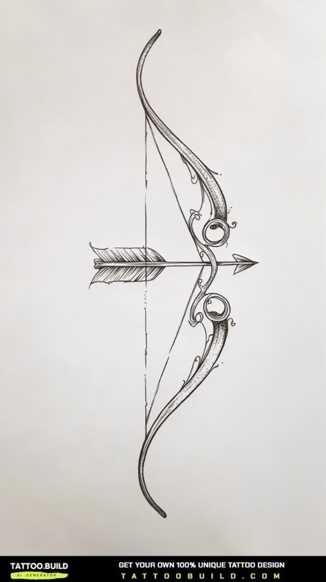 This elegant bow and arrow tattoo drawing represents focus and determination. #tattooideas #inkinspiration #tattooart #bodyart #tattooinspo #tattooideasforwomen Cute Saggitarius Tattoos, Archery Tattoos For Men, Greek Bow And Arrow Tattoo, Bow Arrow Tattoos For Women, Bow And Arrow Back Tattoo, Warrior Arrow Tattoos For Women, Cool Bow And Arrow, Small Archer Tattoo, Archer Tattoos For Women