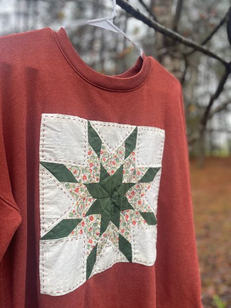 Vintage Quilt top rescued and repurposed Diy Quilt Sweatshirt, Patchwork Quilt Clothes, Quilt On Sweatshirt, Vintage Quilt Repurposed, Diy Quilted Sweatshirt, Quilt Upcycle Ideas, Quilted Sweatshirt Diy, Quilt Square Sweatshirt, Quilt Patch Sweatshirt