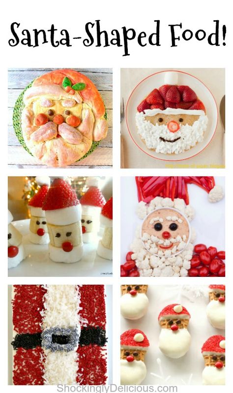 Santa-Shaped Food: There’s always room for a splendid Santa at the table anytime during December, whether for breakfast, lunch, appetizer or dessert! Collection of recipes to help you put Santa-ize your meals. #shockinglydelicious #santafood #santashape #santarecipes #Christmasrecipes Santa Hat Appetizers, Santa Shaped Food, Santa Appetizers Holidays, Reindeer Shaped Food, Santa Fruit Platter, Christmas Food Art For Kids, Santa Food Ideas, Santa Themed Food, Christmas Shaped Food