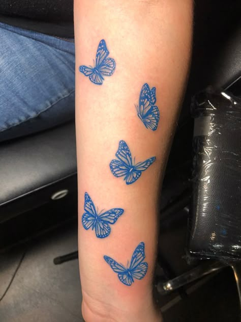 Blue Ink Tattoos, Purple Butterfly Tattoo, Butterflies Tattoo, Butterfly Tattoos On Arm, Blue Butterfly Tattoo, Purple Tattoos, Unique Butterfly Tattoos, Hand Tattoos For Girls, Cute Hand Tattoos