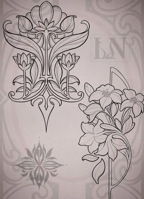 Art Nouveau Design Pattern Flowers, German Mythology Tattoo, Art Nouveau Floral Ornament, Noveau Art Tattoos, How To Draw Art Nouveau Tutorials, Art Nouveau Shapes, Filigree Drawing, Art Nouveau Design Illustration, Art Nouveau Flowers Illustration