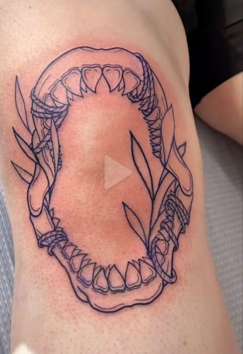 Knee Tattoo Pair, Jaws Around Knee Tattoo, Knee Mouth Tattoo, Shark Tooth Knee Tattoo, Knee Tattoo Patchwork, Shark Jaw On Elbow, Shark Jaws Tattoo Elbow, Aquatic Knee Tattoo, Shark Elbow Tattoo