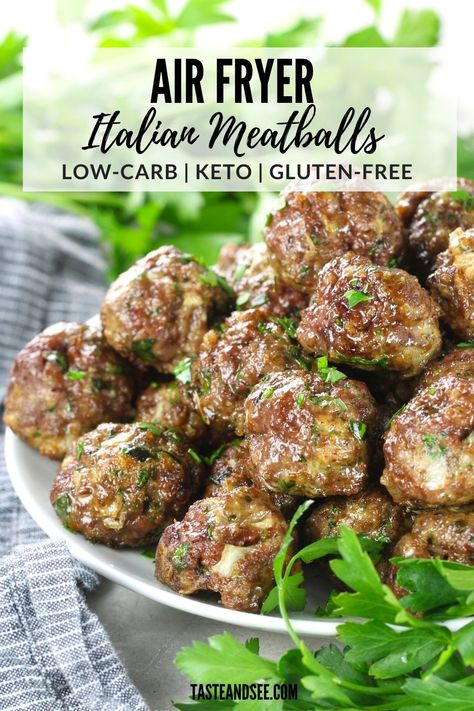 Air Fryer Italian Meatballs are so tender and juicy on the inside, and golden brown on the outside! Loaded with flavor and ready in 10 minutes! #TasteAndSee Meatballs In The Air Fryer, Sausage Meatballs Recipes, Healthy Meatballs, Air Fryer Keto, Low Carb Meatballs, Keto Air Fryer, Air Fryer Oven Recipes, Weeknight Dinner Recipes Easy, Meatball Recipe