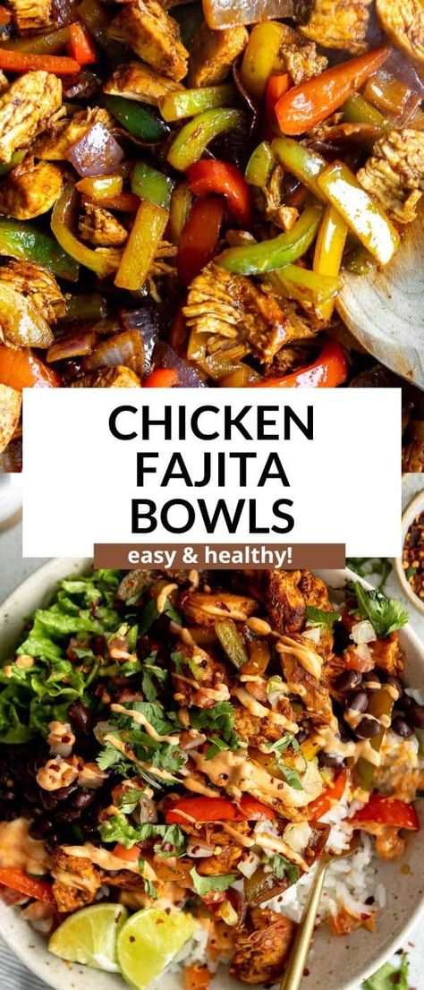 These easy chicken fajita burrito bowls are easy to make, healthy and gluten free! These burrito bowls are loaded with fajita chicken, veggies, black beans, cilantro lime rice and perfect for a family favorite dinner. Ready in 30 minutes! Chicken Fajita Burrito, Fajita Burrito, Chicken Fajita Bowl, Fajita Chicken, Healthy Bowls Recipes, Fajita Bowls, Chicken Veggies, Favorite Dinner, Burrito Bowls