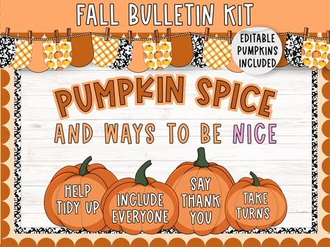 Pumpkin Spice Bulletin Board Kit | Fall Bulletin Board | Kindness Classroom Posters | Class community  | Harvest Thanksgiving bulletin board Fall Ela Bulletin Board, Fall School Counselor Bulletin Board, Pumpkin Bulletin Boards For Elementary, Fall Kindness Bulletin Board, Summer Camp Bulletin Boards, Fall Bulletin Boards For Elementary, Fall Class Decor, November Bulletin Board Ideas, Thanksgiving Bulletin Board Ideas