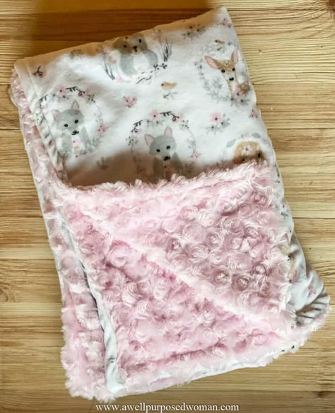 Baby Blanket Made With Minky Fabric, Minky Toddler Blanket, How To Sew Corners On A Blanket, How To Make A Minky Baby Blanket, Baby Blanket Sewing Pattern Minky, Baby Minky Blankets Diy, Sewing Receiving Blankets, Baby Minky Blanket, Dyi Baby Blanket